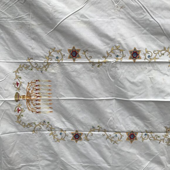 Chanukah By Jabara 100% Cotton Tablecloth With Embroidered Menorah & Crown Desig - Picture 12 of 16